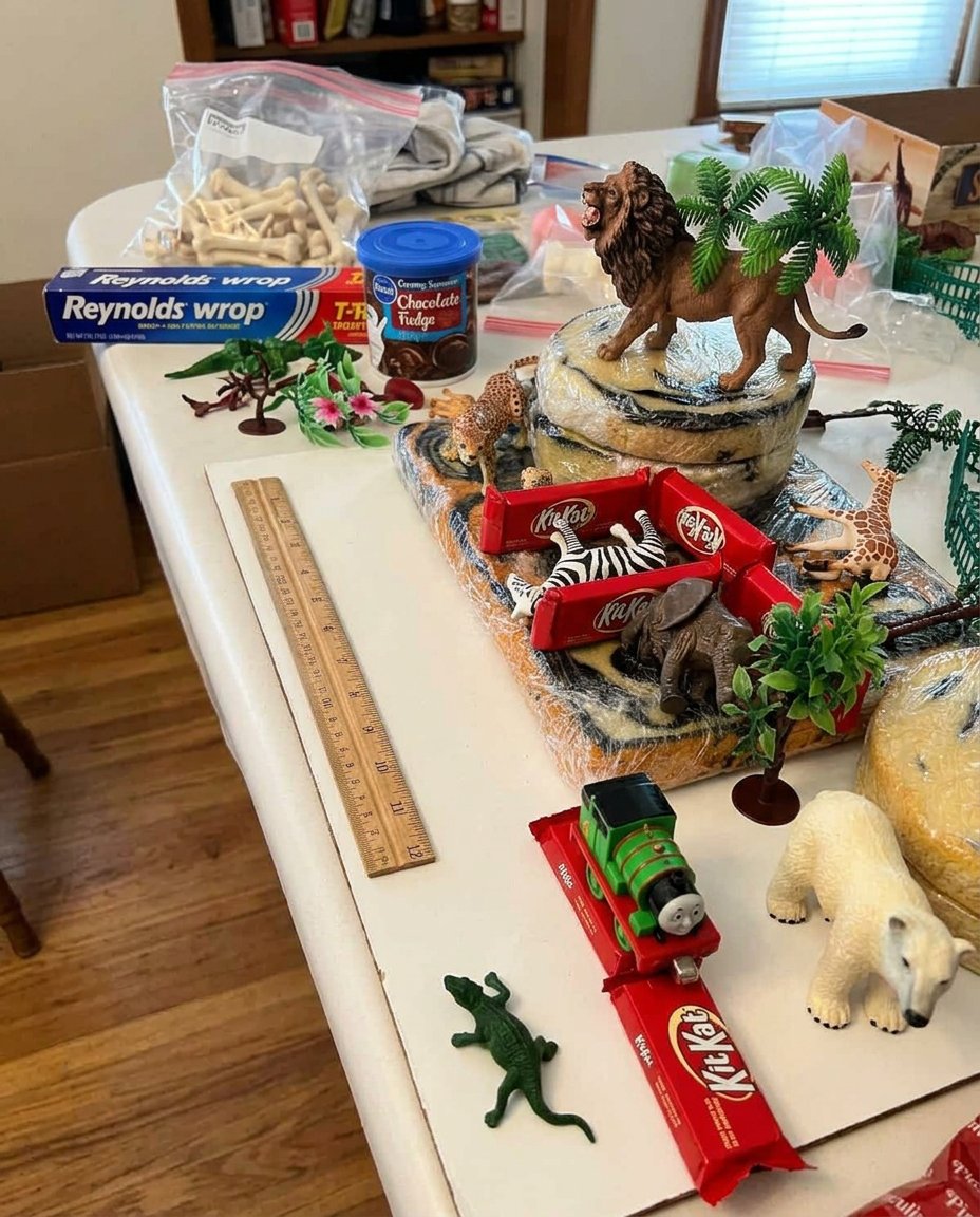 Hand-painted safari print fondant letters spelling out a name for a birthday cake.