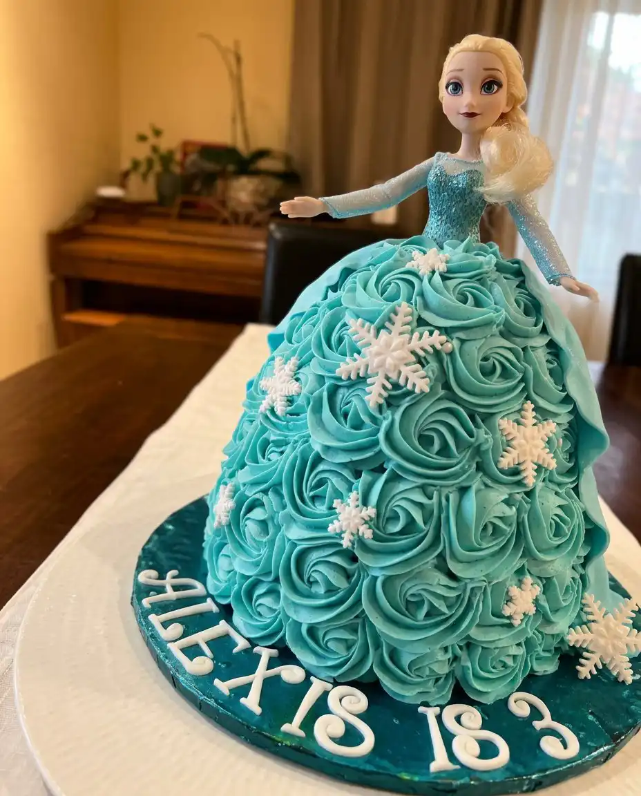 Light blue fondant being draped over a gown cake