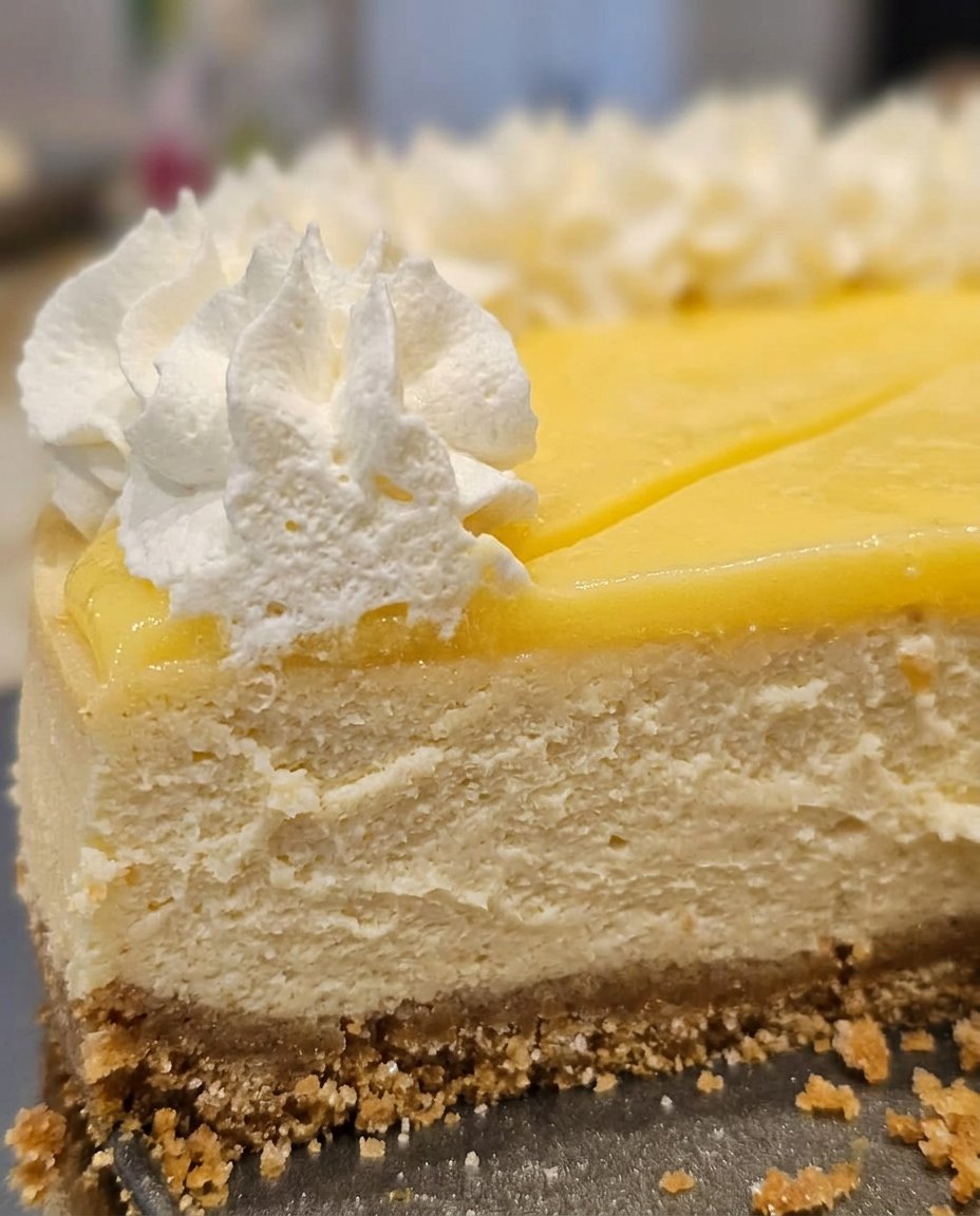 A whole lemon cheesecake topped with yellow curd and whipped cream swirls on a white stand.