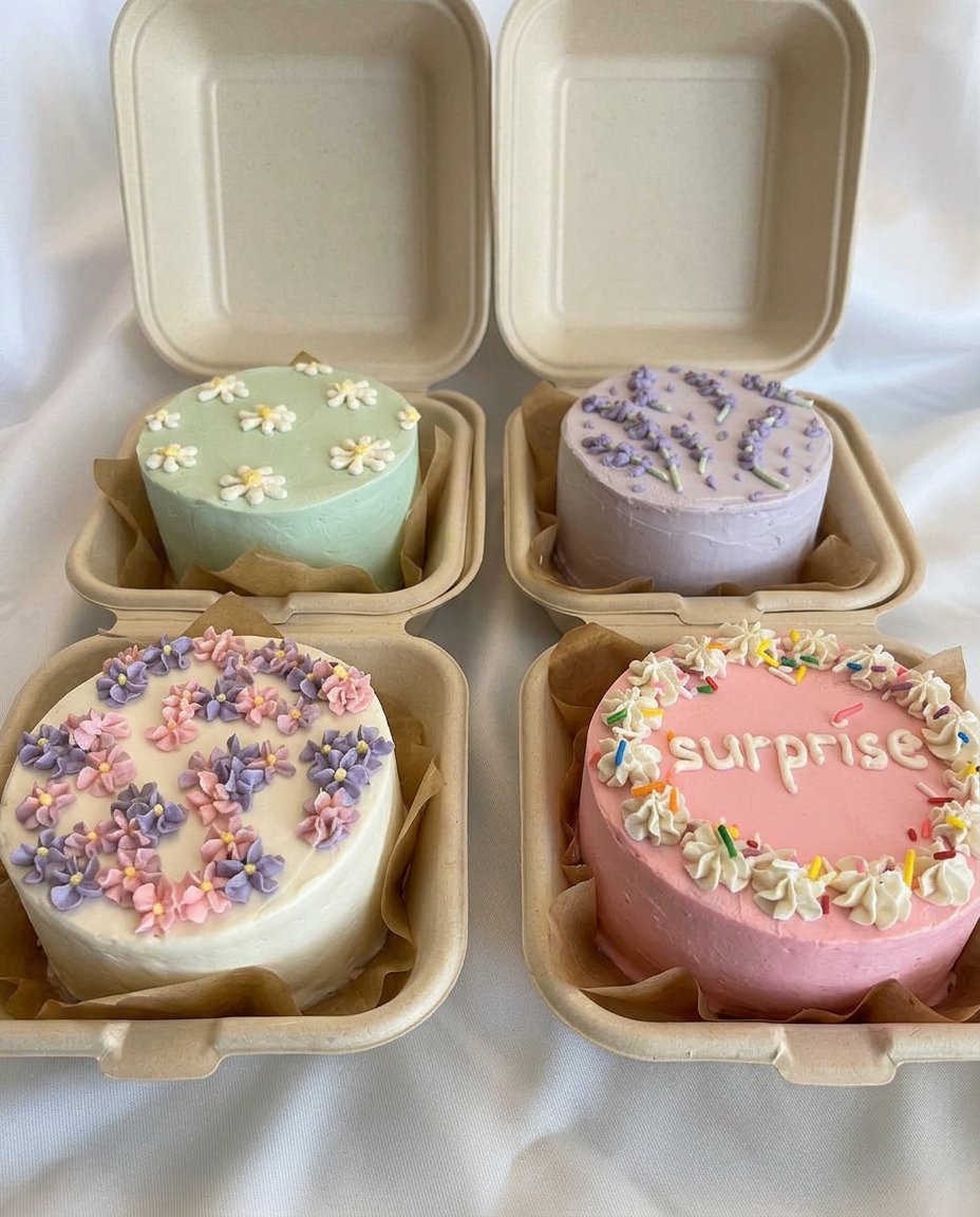 Bento Cake 13 A person using a small spatula to apply Oreo buttercream to a mini cake.