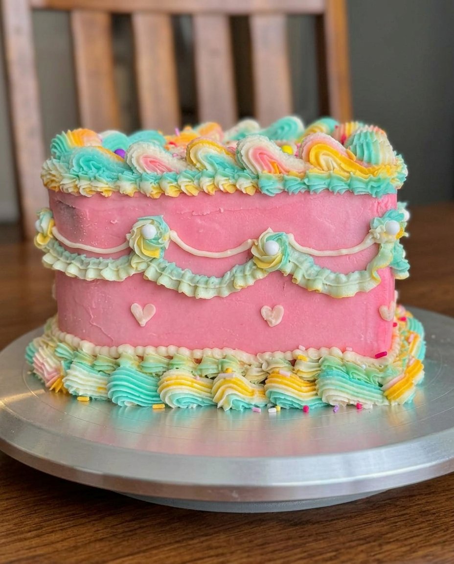 Cake Heart 13 Applying a smooth layer of pink cream cheese frosting to a heart shaped cake.