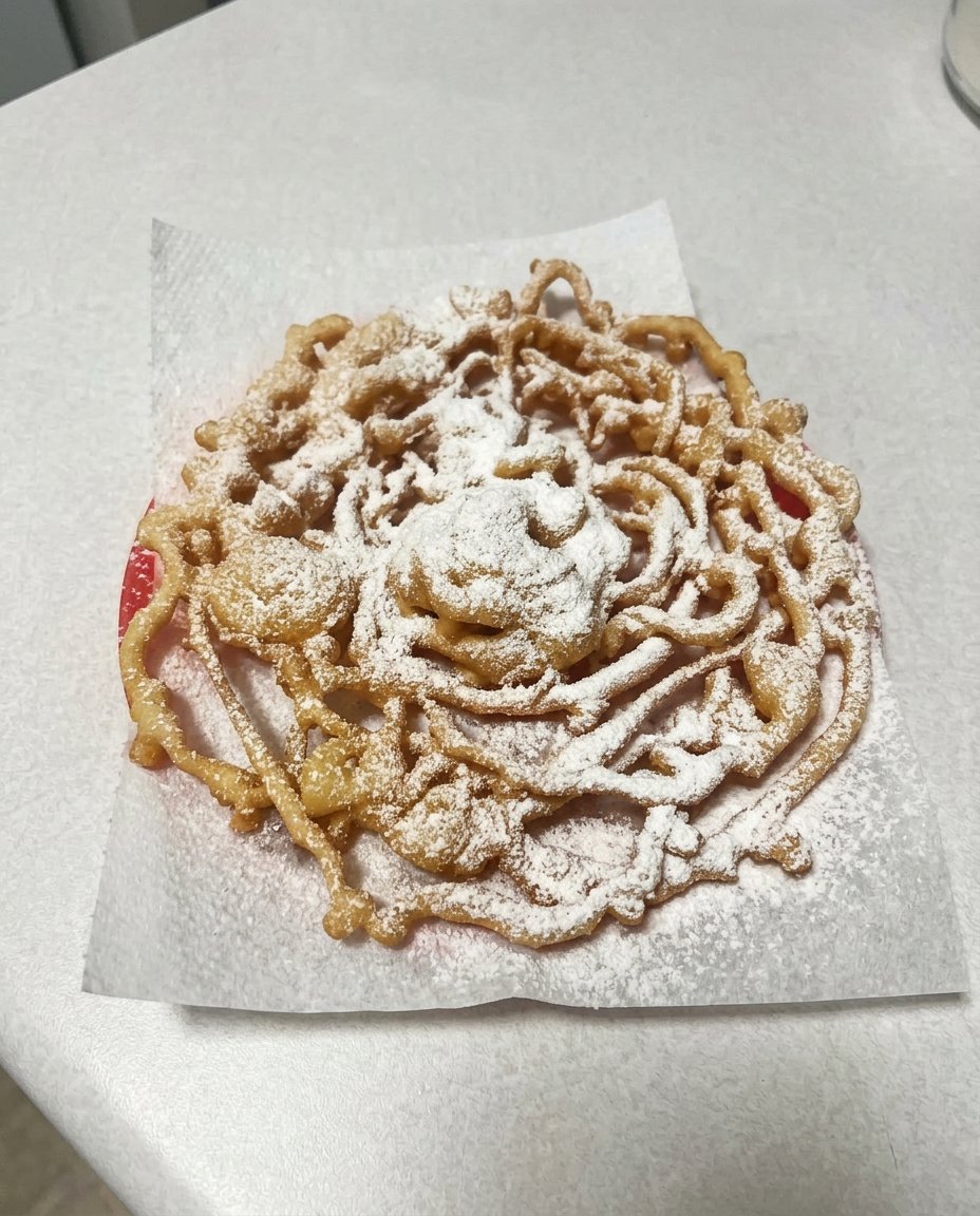 A close up of funnel cake batter being lifted by a whisk showing a thick ribbon consistency.