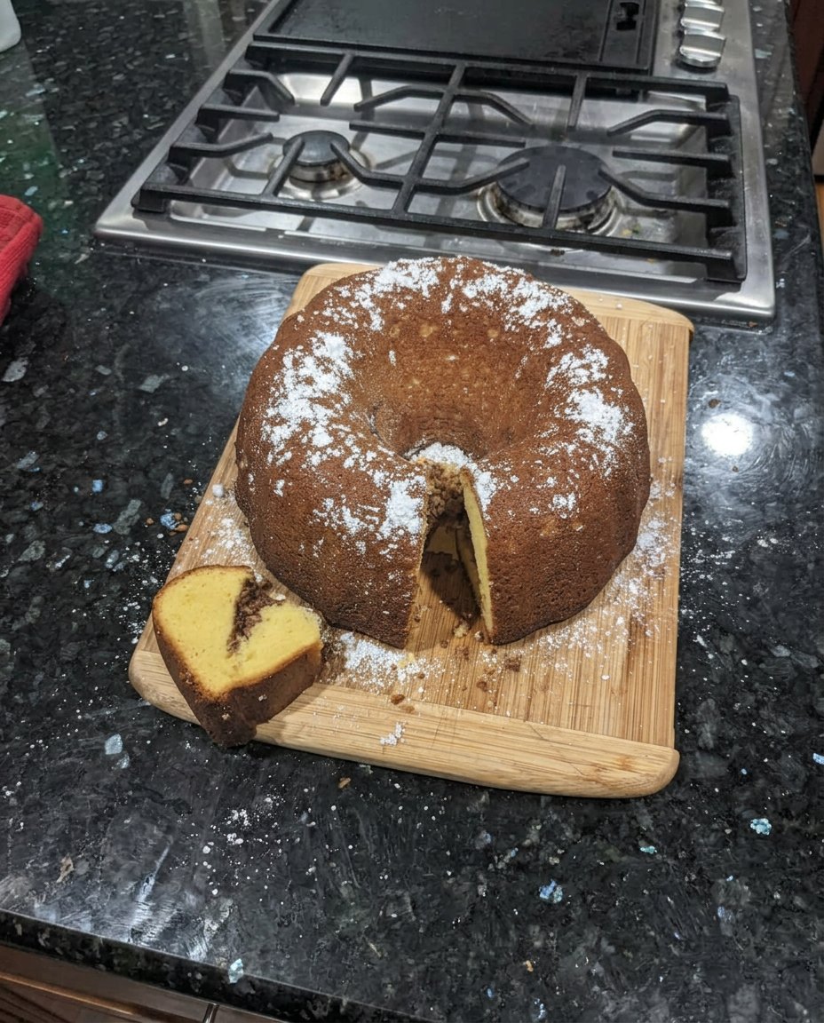 Glazed Sock It To Me cake on a white cake stand ready to be served