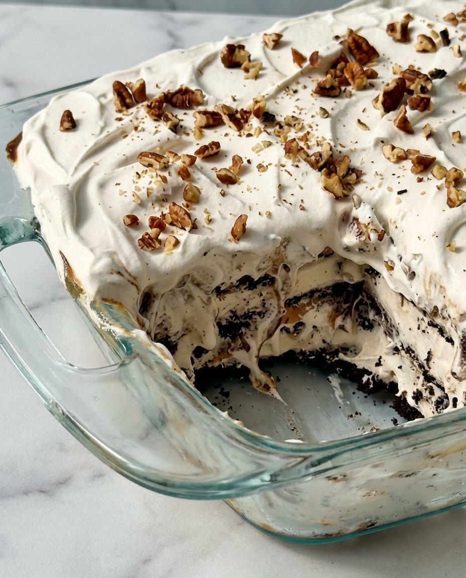 Top down view of an ice cream sandwich cake with vertical sandwiches forming the perimeter