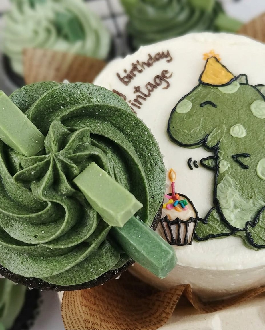 A small decorated bento cake with vanilla frosting on a wooden table.