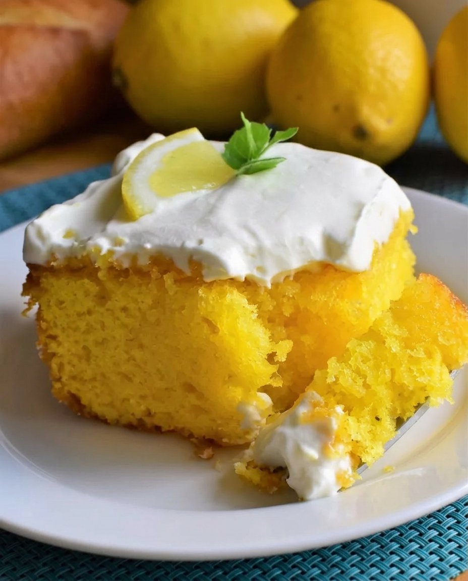 A close up shot of a moist lemon poke cake topped with whipped cream and fresh raspberries