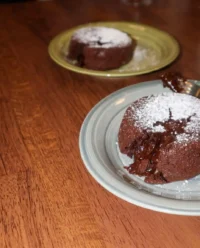 A close up of the smooth chocolate ganache center for a lava cake.