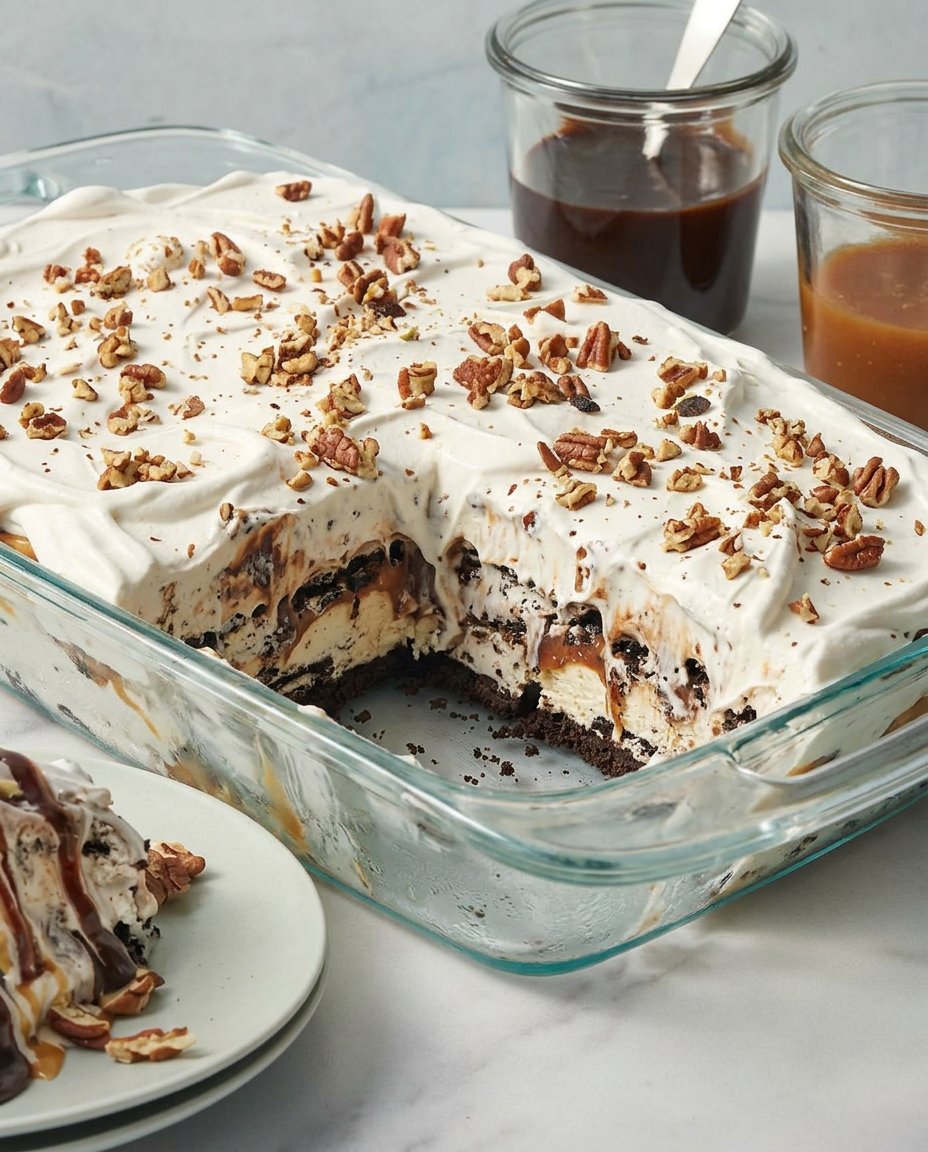 Sugar cones inverted on top of ice cream scoops on a cake