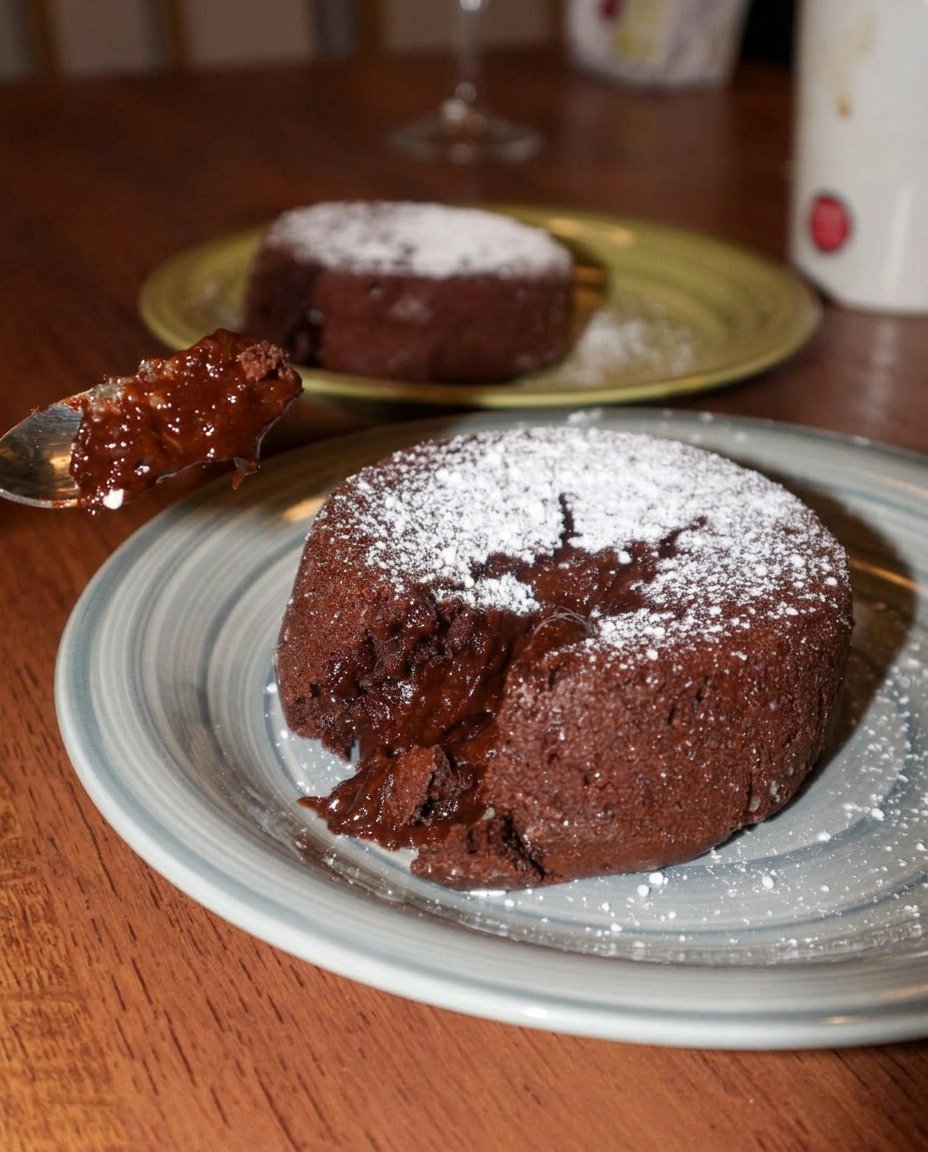 A finished chocolate lava cake on a plate with vanilla ice cream and a molten center flowing out.