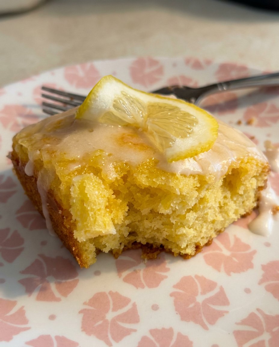 A person using a fork to poke holes into a warm golden yellow cake in a baking pan
