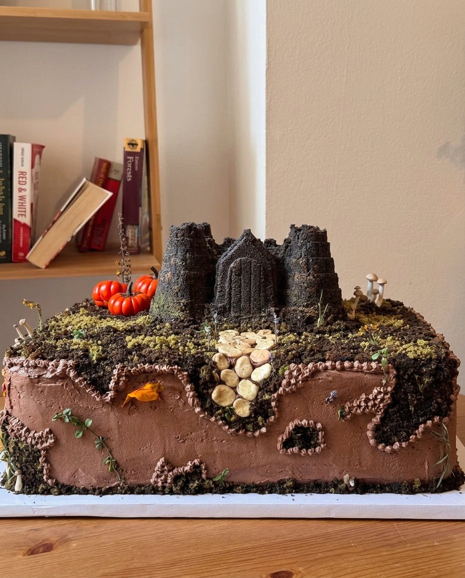 A large homemade castle cake with pink turrets and marshmallow decorations