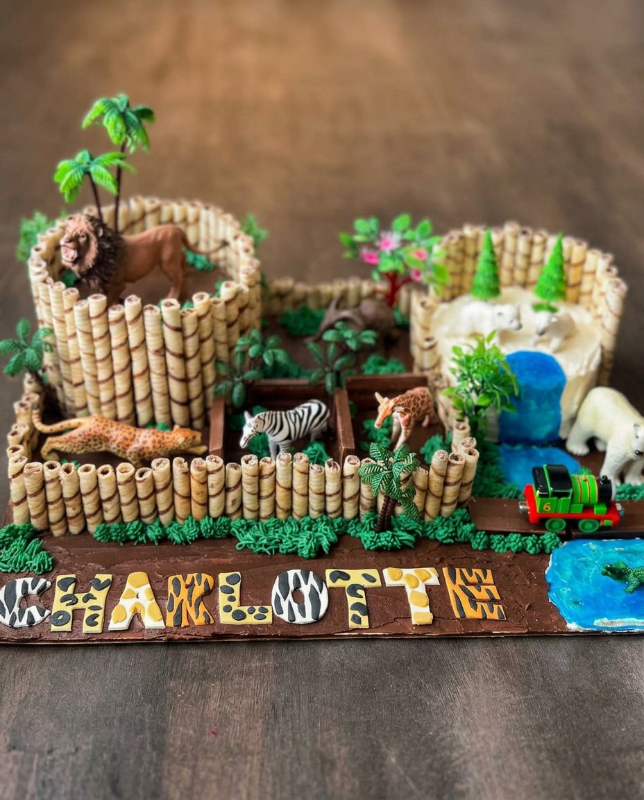 A multi-tiered zoo themed animal cake with safari print fondant letters and exotic animal enclosures.