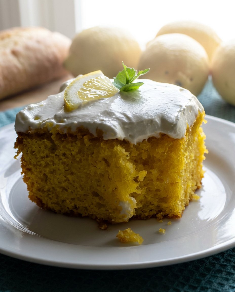 A beautiful slice of lemon poke cake on a white plate with fresh strawberries and a fork