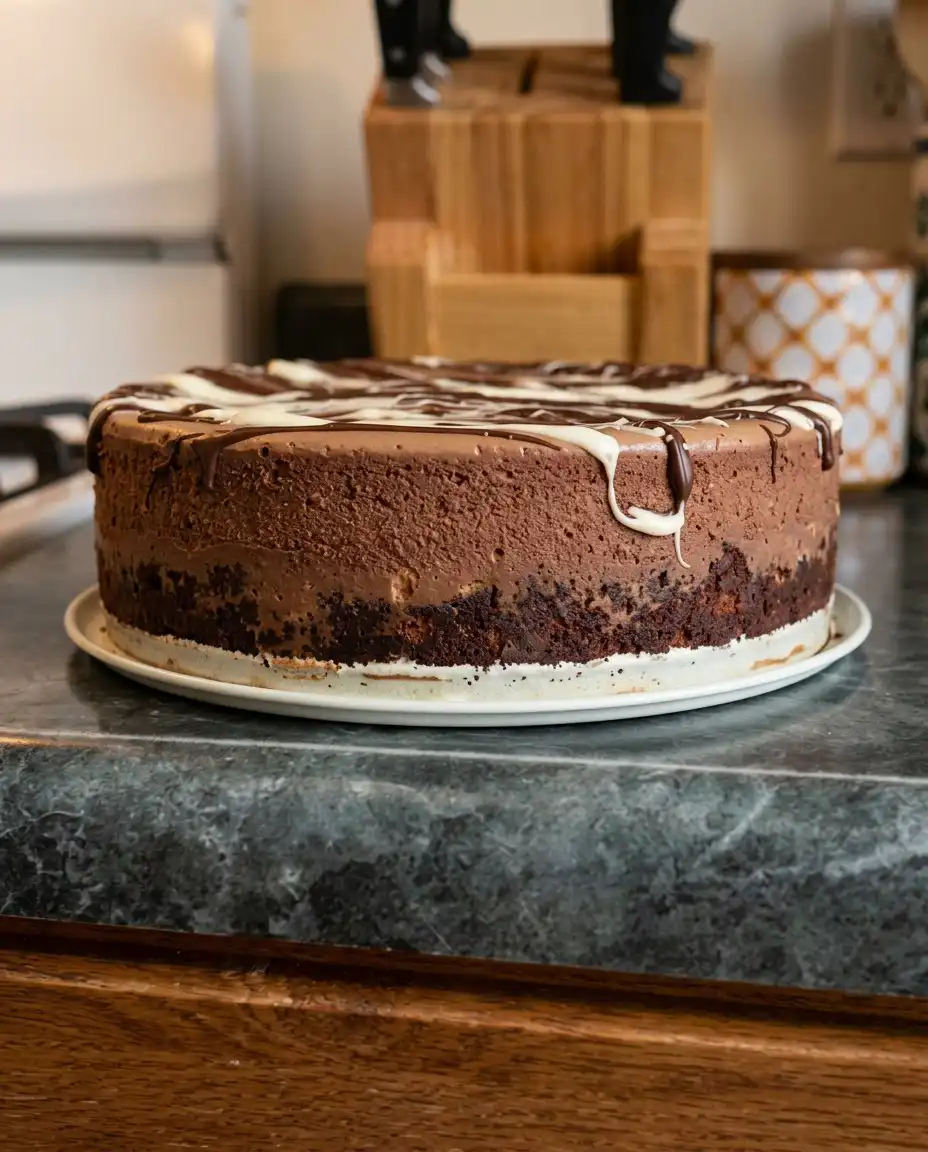 A baker smoothing a thick layer of whipped chocolate ganache over a cake base