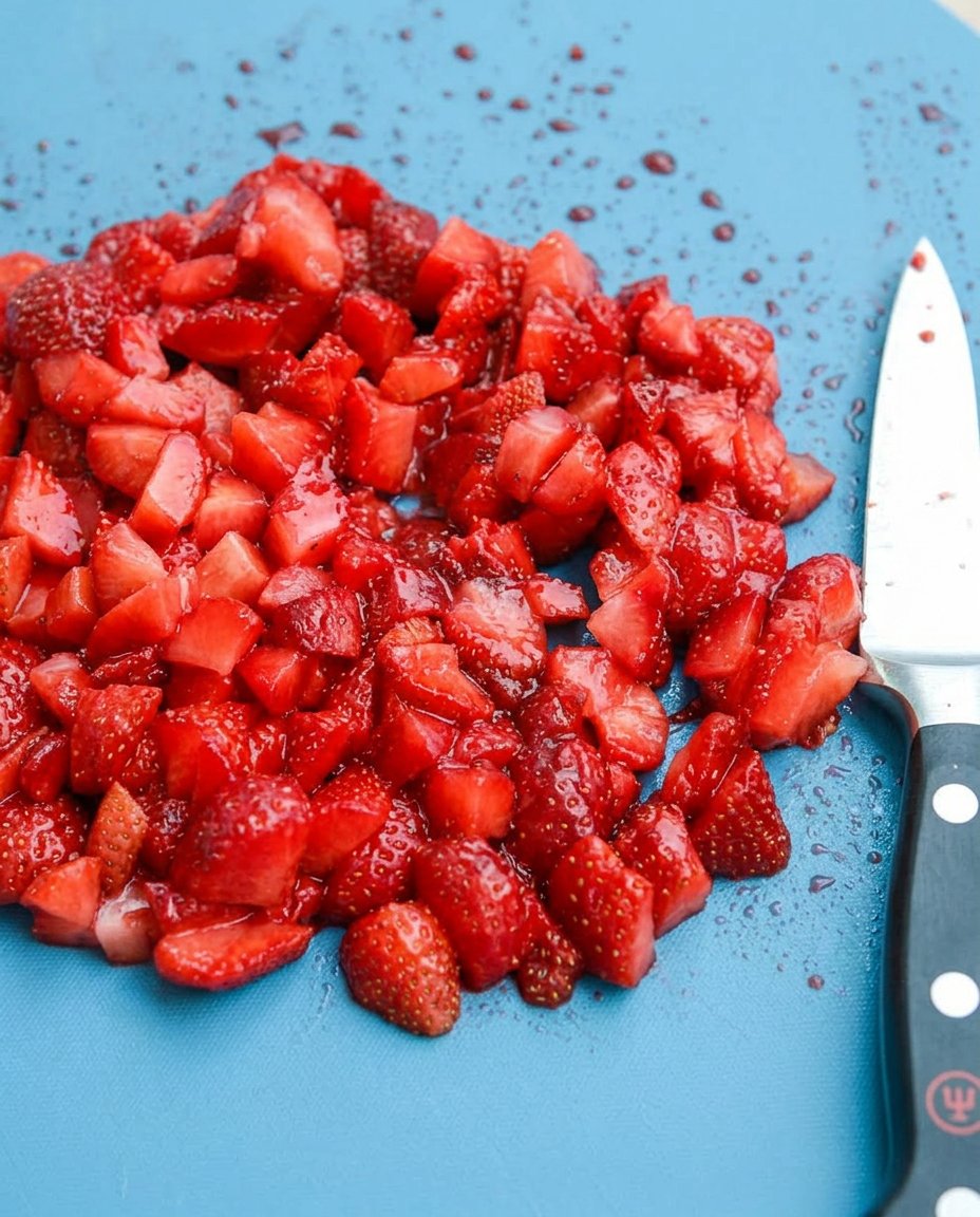 Chocolate Strawberry Cake 13 Glossy red strawberry glaze being poured over a dark chocolate cake layer.