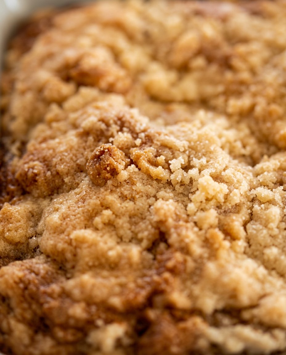A golden brown strawberry rhubarb cake in a 9x13 baking dish showing the fruit layer.