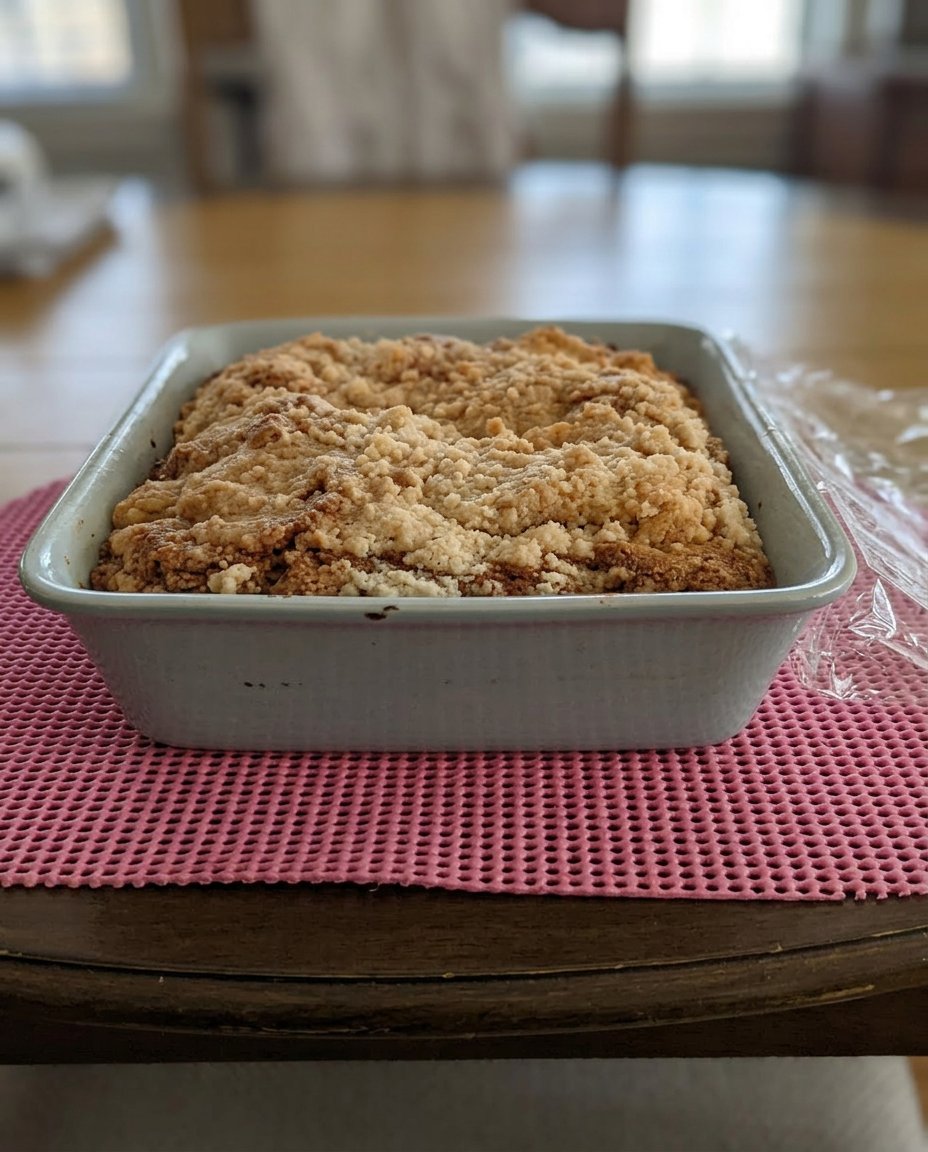 A slice of strawberry rhubarb cake on a plate with a scoop of vanilla ice cream.