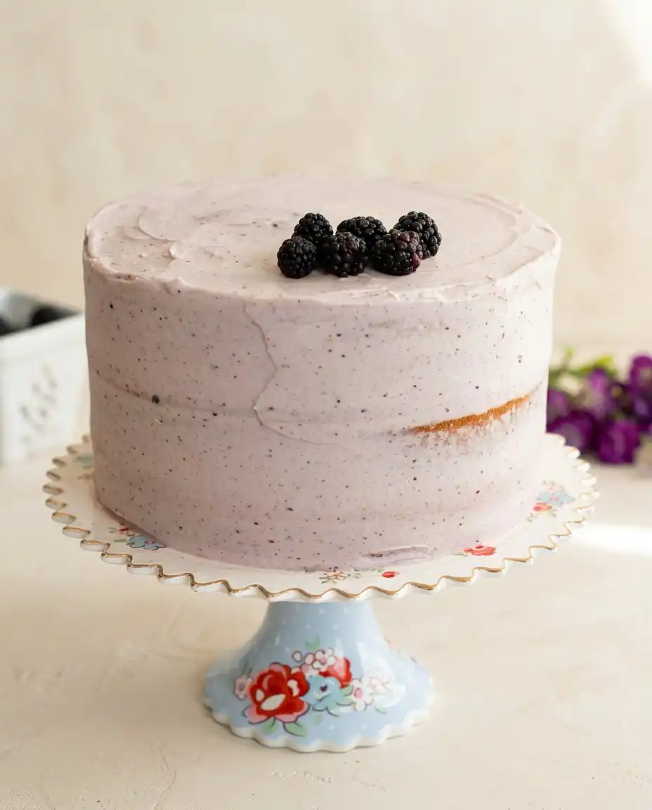 A generous slice of Blackberry Lemon Cake showing the moist layers and berry filling on a china plate.