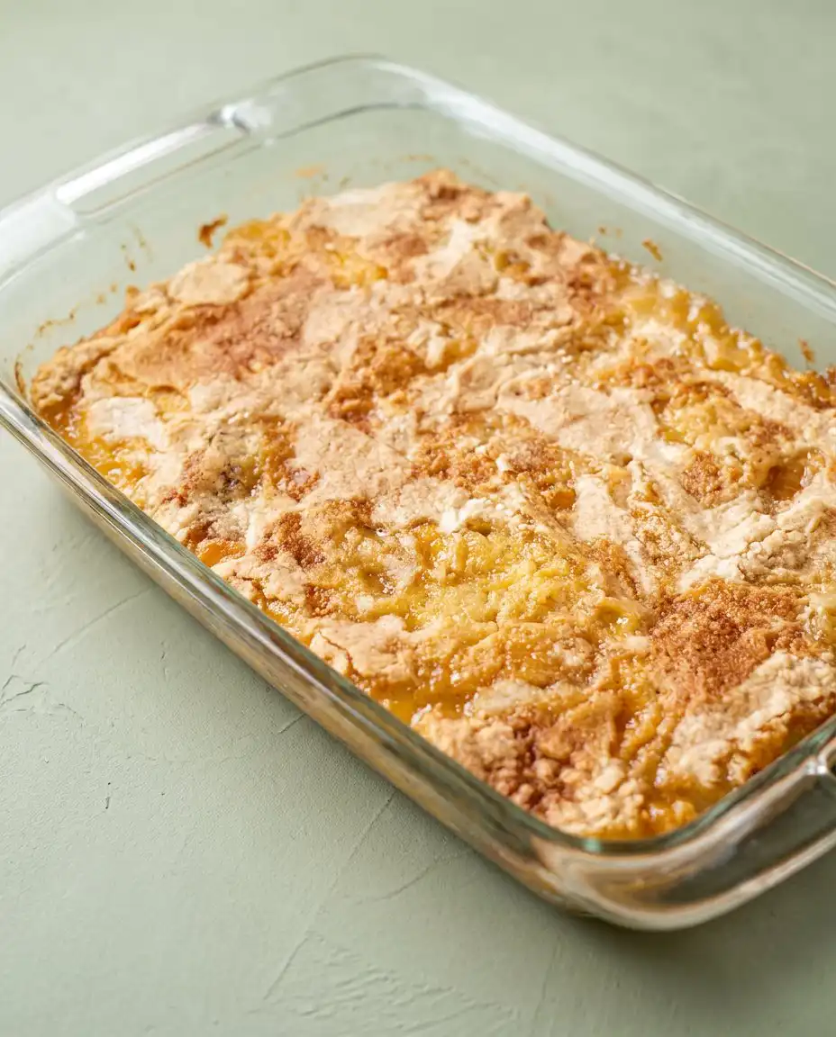A single serving of 3-Ingredient Peach Cobbler Dump Cake topped with melting ice cream.