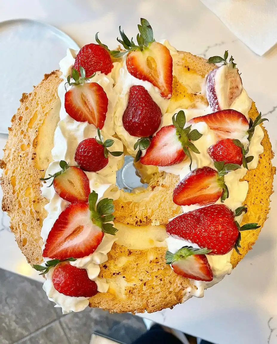Angel Food Cake with Coconut Whipped Cream and Berries 10 A light and airy angel food cake layered with white coconut whipped cream and fresh red and blue berries.