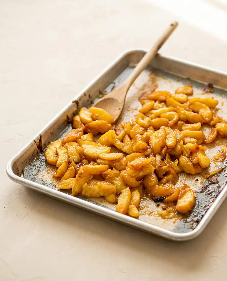 The process of baking a Peach Cobbler Layer Cake in a traditional enamel mixing bowl.