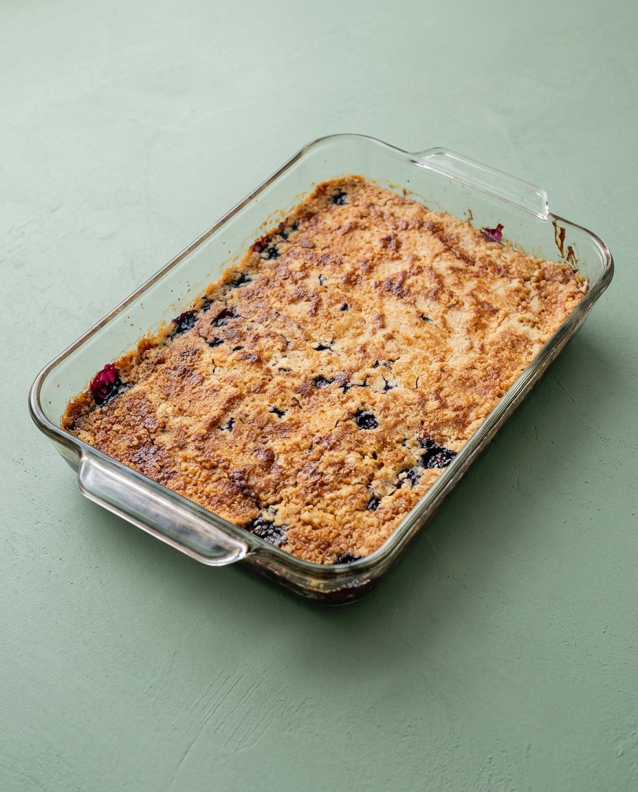 A golden brown blackberry dump cake with cake mix served in a clear glass baking dish.
