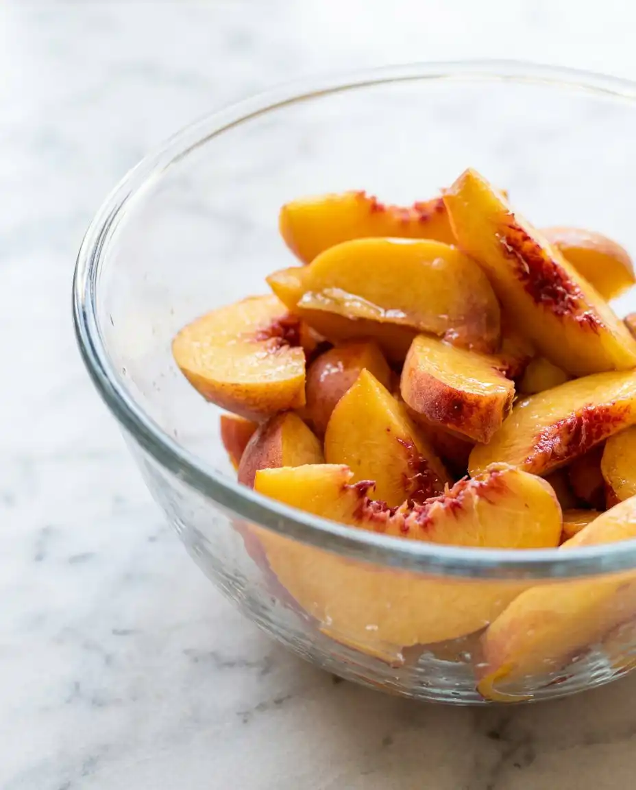 Ingredients for Brown Butter Fresh Peach Cake including fresh peaches and browned butter.