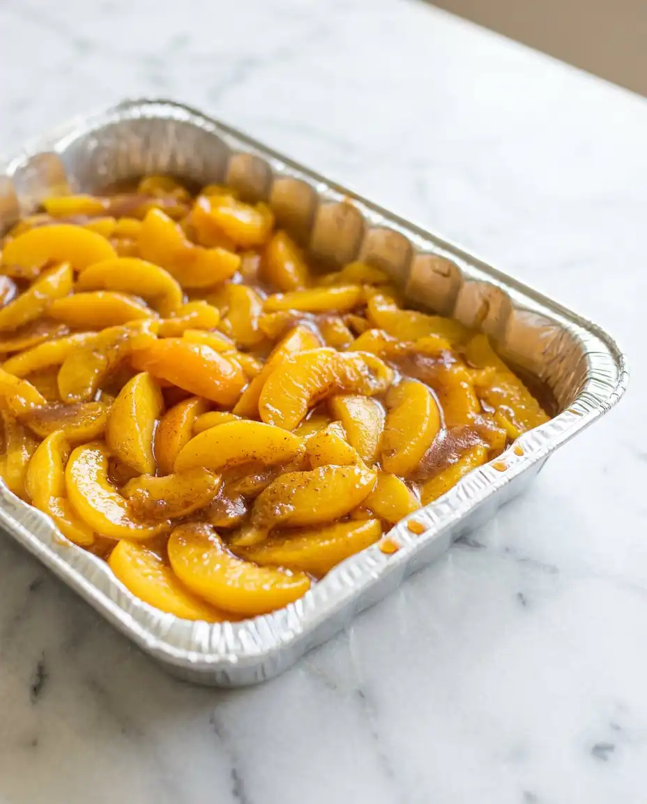 Easy Peach Pie Filling Dump Cake 15 Melted butter being poured over cake mix for Easy Peach Pie Filling Dump Cake.