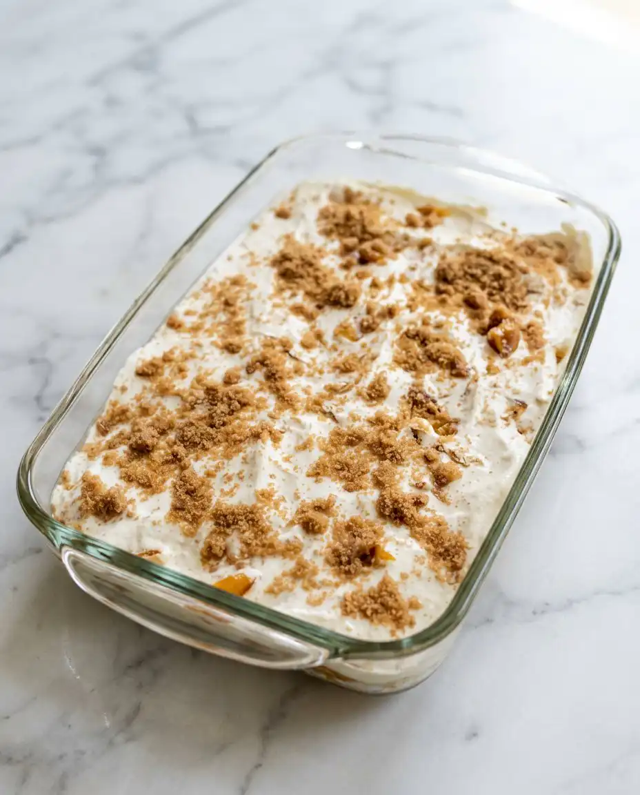 Canned Peach Dump Cake with Yellow Cake Mix 15 Butter pieces scattered over cake mix for Canned Peach Dump Cake with Yellow Cake Mix.