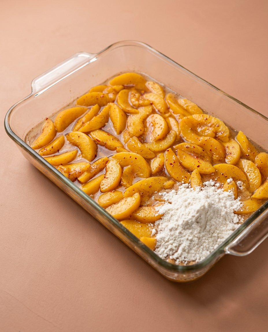 Thin slices of butter covering the surface of Peach Cobbler with Yellow Cake Mix.