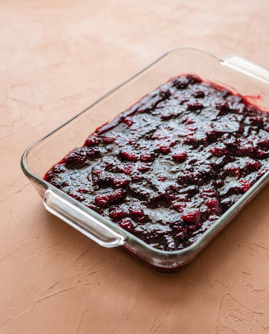 Thinly sliced butter arranged in a grid on blackberry dump cake with cake mix.