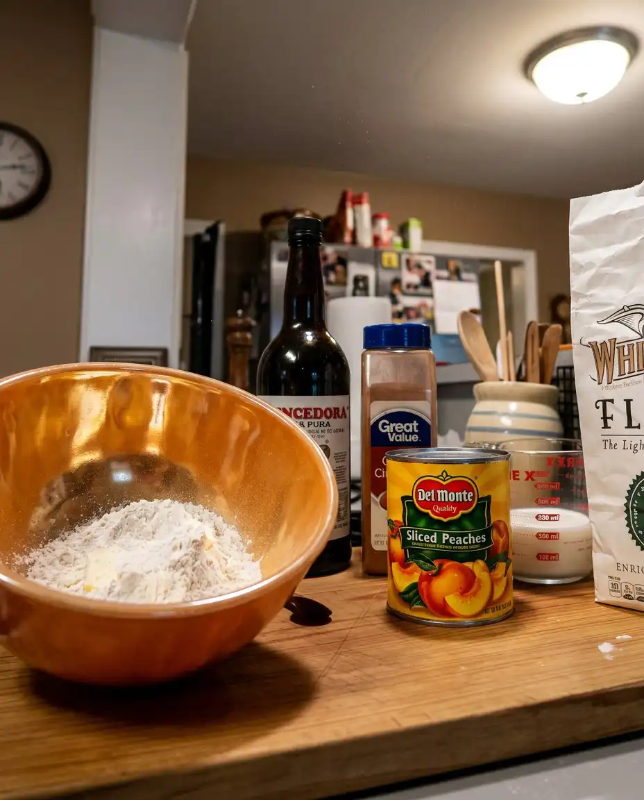 Ingredients for peach cobbler including flour, sugar, butter, and canned peaches