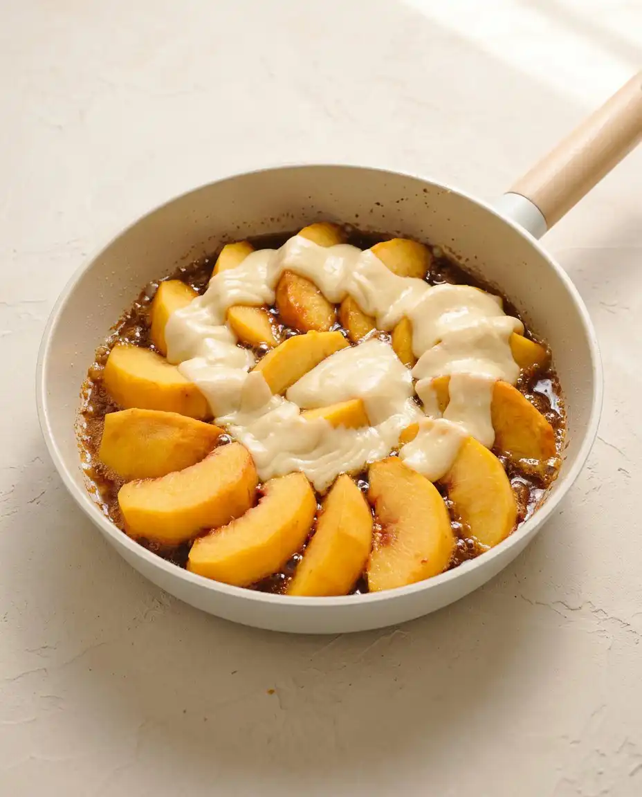 Peaches cooking in a caramel sauce for the No Bake Caramel Peach Upside Down Cake.