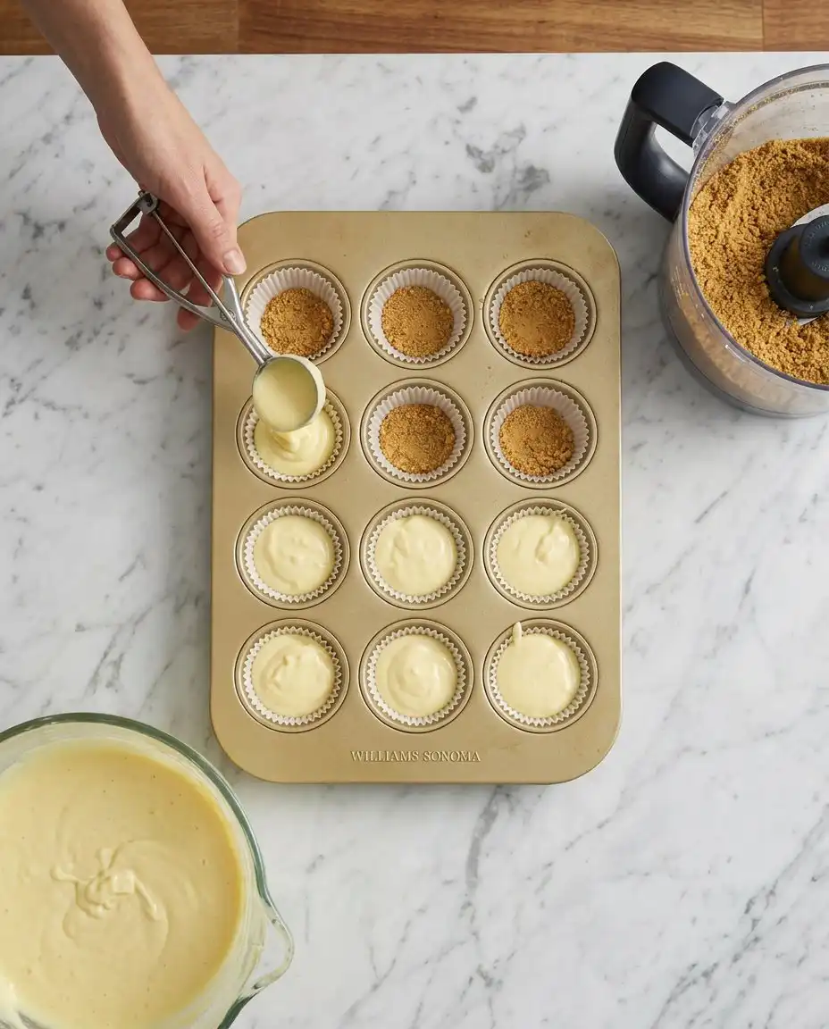 A hand gently shaking a muffin pan with mini cheesecakes