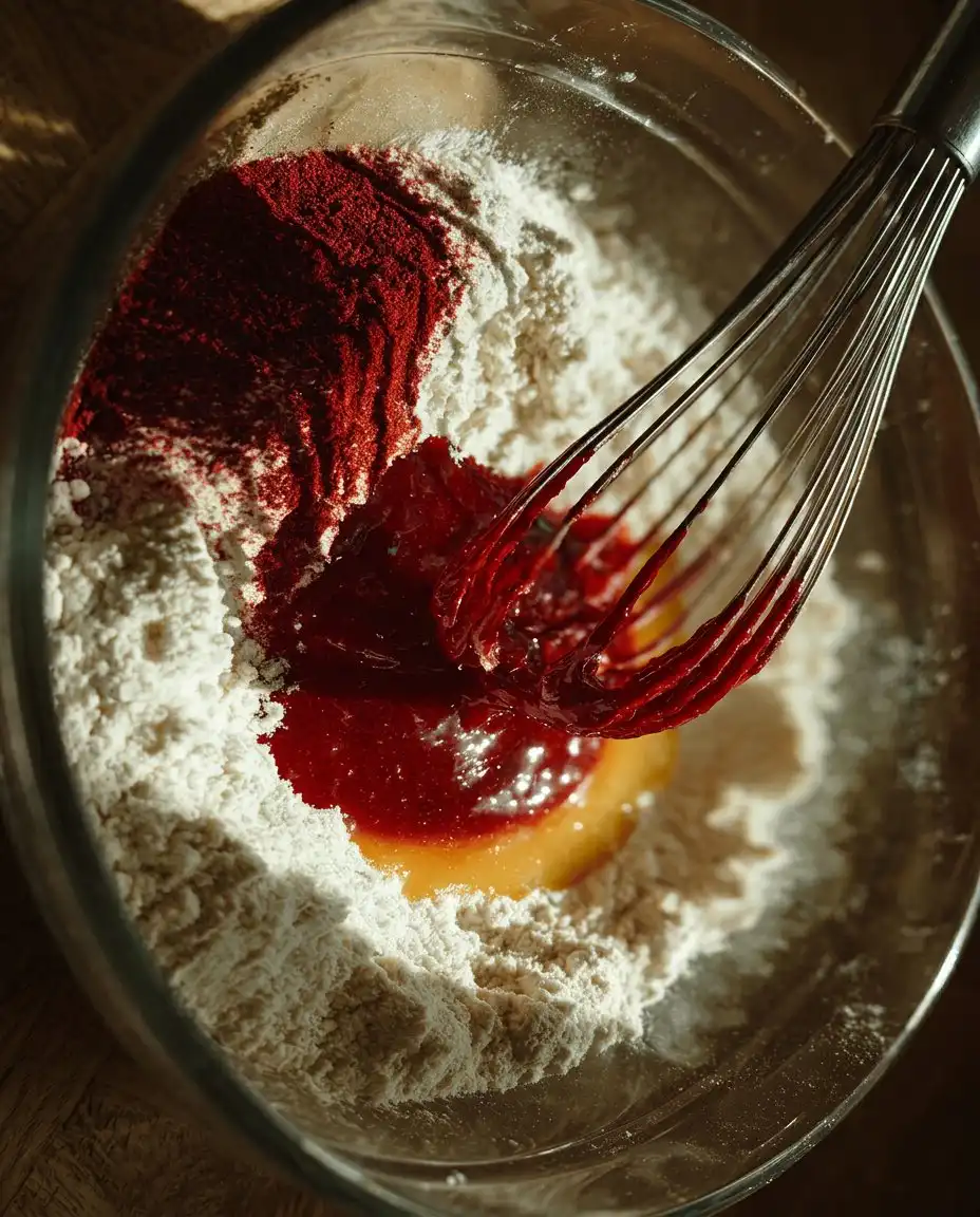 Ingredients for red velvet cheesecake including cream cheese, eggs, and red velvet cake mix.