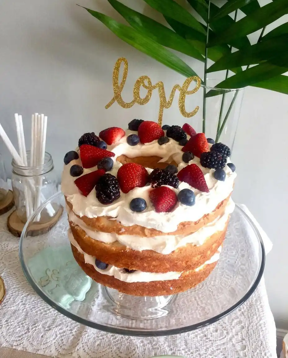 A finished angel food cake with berries decorated with mint leaves on a white platter.