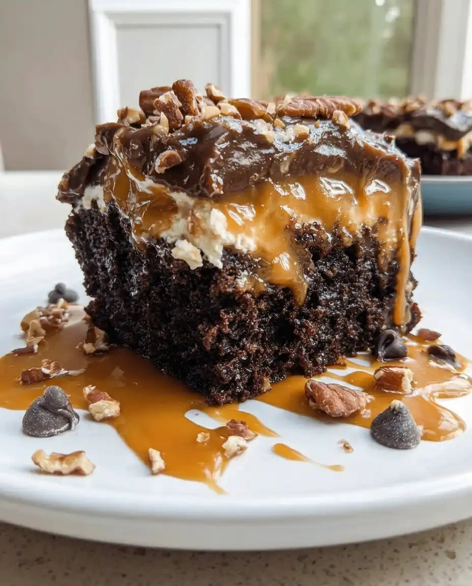 Caramel and condensed milk being poured over a poked chocolate cake