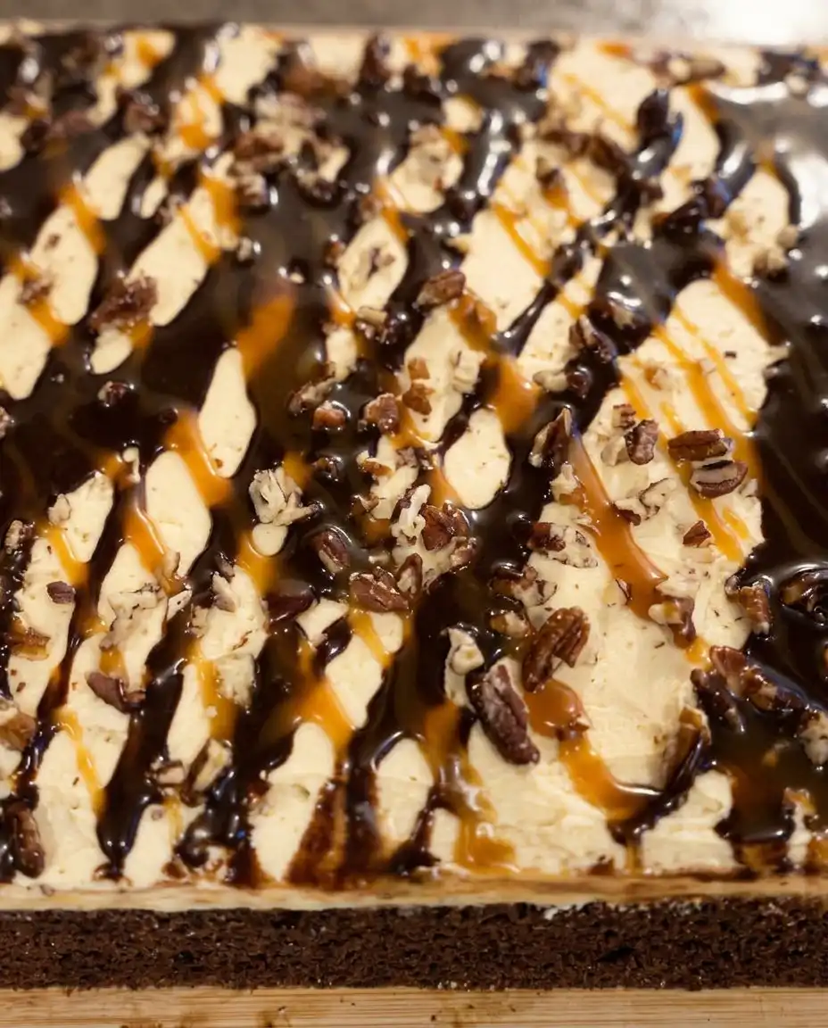 A clean slice of chocolate turtle cake showing internal layers