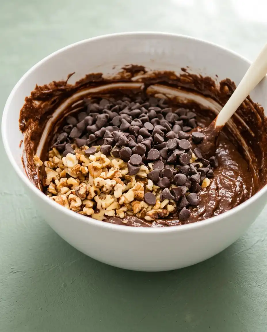 Dark chocolate batter for Old-Fashioned Chocolate Zucchini Cake being stirred in an enamel mixing bowl.