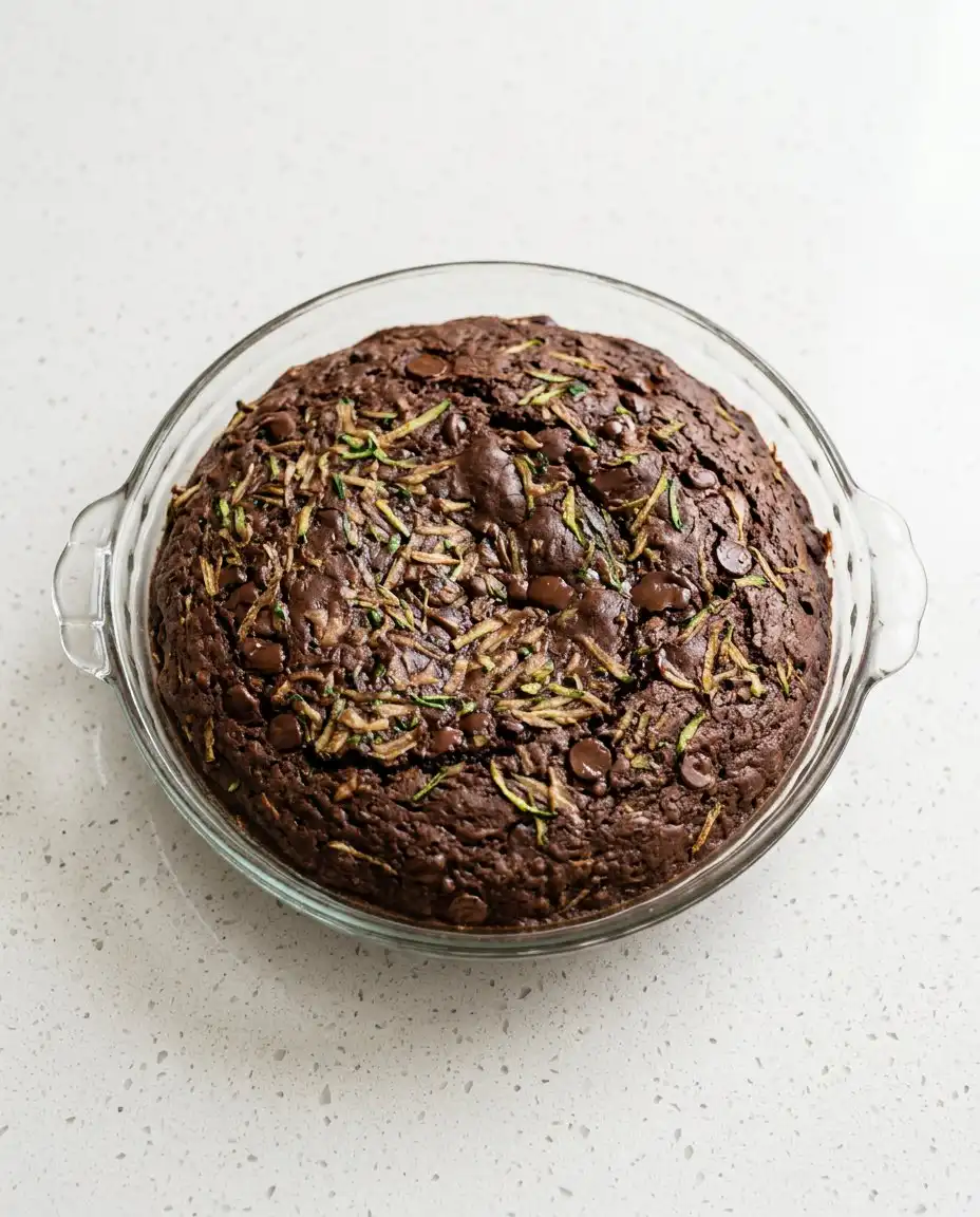 Close up view of the moist crumb in a chocolate zucchini cake with chocolate chips.