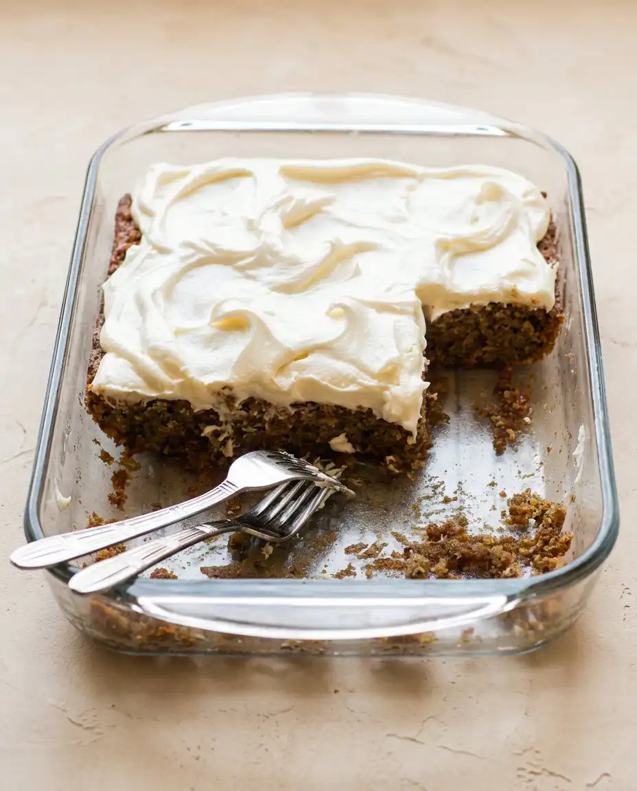 Old-Fashioned Zucchini Cake 12 A square slice of Old-Fashioned Zucchini Cake with cream cheese frosting in a glass baking pan.
