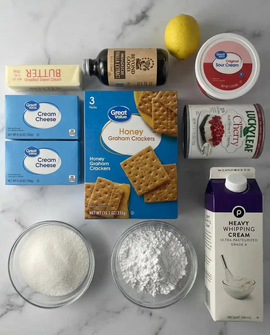 American Flag Cake No-Bake Cheesecake 12 Brick-style cream cheese and heavy whipping cream next to pie fillings