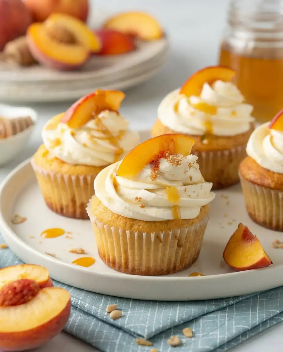 Close up of smooth cream cheese frosting with a honey drizzle on a cupcake.