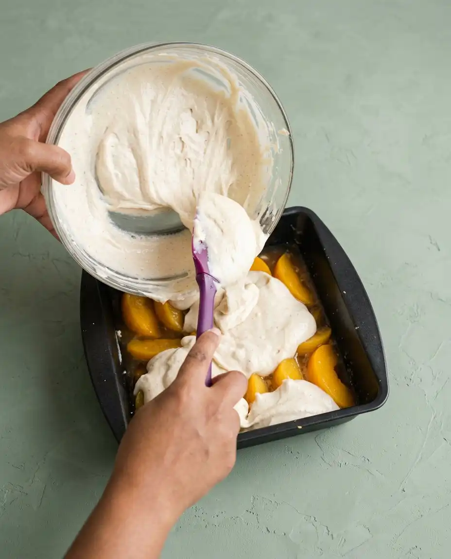 A mixer bowl showing light and fluffy butter for a Classic Peach Upside Down Cake.