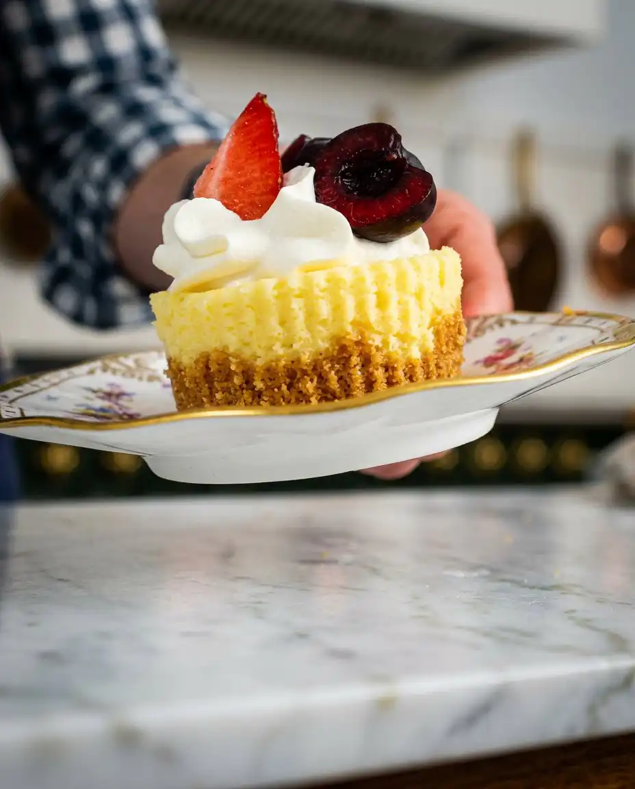 A tray of mini cheesecakes topped with fresh berries and whipped cream