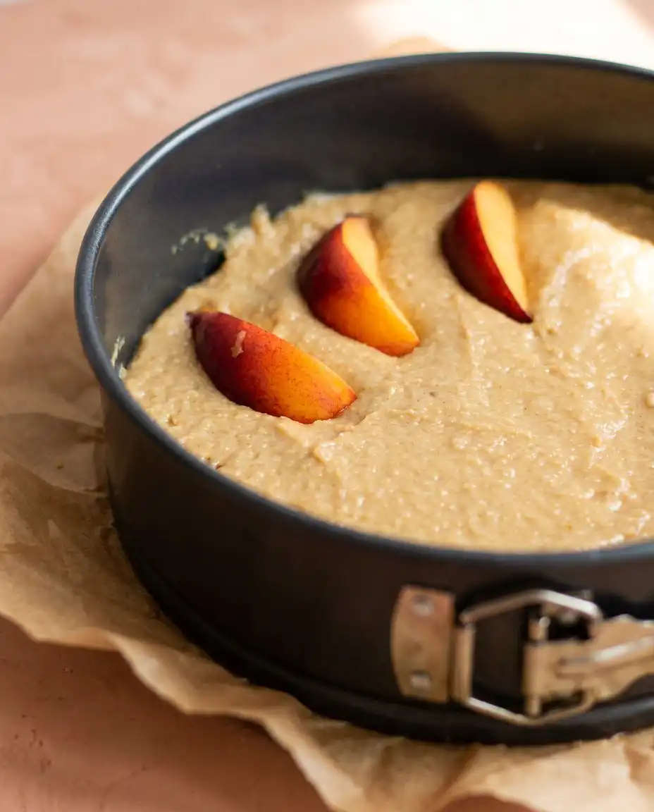 Sour Cream Peach Coffee Cake 15 Hand drizzling white glaze over a freshly baked Sour Cream Peach Coffee Cake.