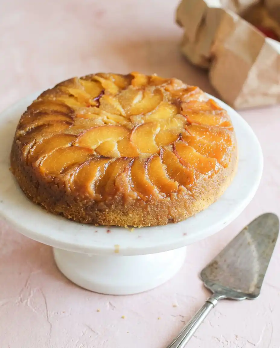 Easy Peach Pie Filling Dump Cake 12 A golden Easy Peach Pie Filling Dump Cake bubbling in a ceramic baking dish with pecans on top.