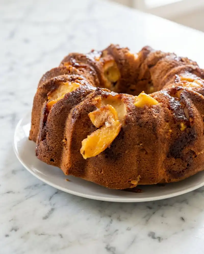 A rustic basket filled with ripe peaches for an Old-Fashioned Peach Cobbler Pound Cake Recipe.
