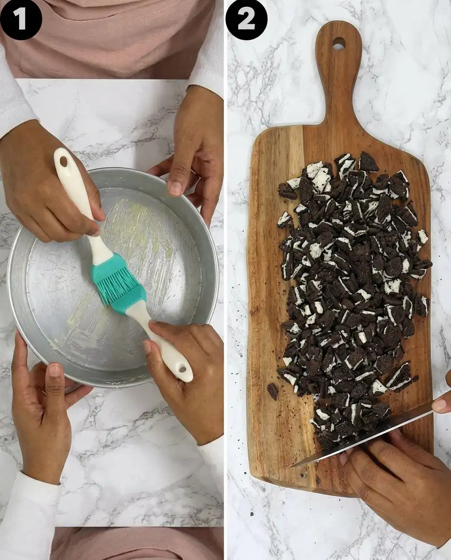 The Softest Oreo (Cookies & Cream) Cake 12 Ingredients like buttermilk, flour, and Oreos arranged on a kitchen counter.