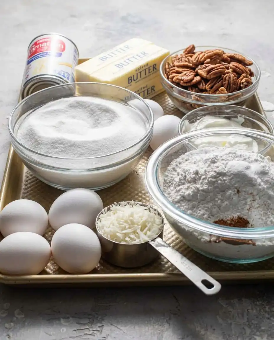 Ingredients for chocolate caramel toffee crunch cake including cake mix and toffee bars.